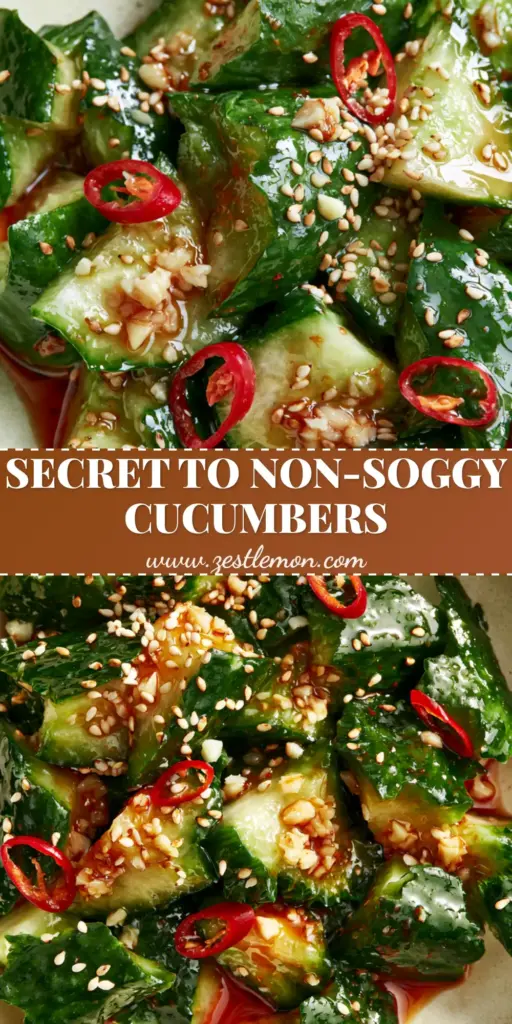 Cucumber Salad Recipe: Spicy Smashed Persian Cucumbers with Chili Oil 3 A top-down shot of a matte cream bowl featuring the best Cucumber Salad Recipe with smashed Persian cucumbers, glossy chili oil, and red chilies on a light wood surface.