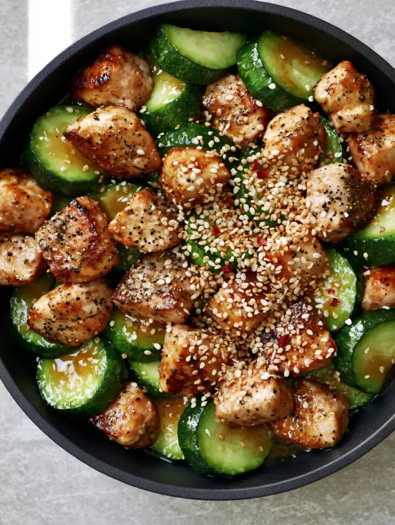 Chicken Zucchini Stir Fry with Garlic and Toasted Sesame 2 Ultra close-up of seared golden-brown chicken cubes and crisp zucchini half-moons in a glossy amber sauce. (Chicken Zucchini Stir Fry)