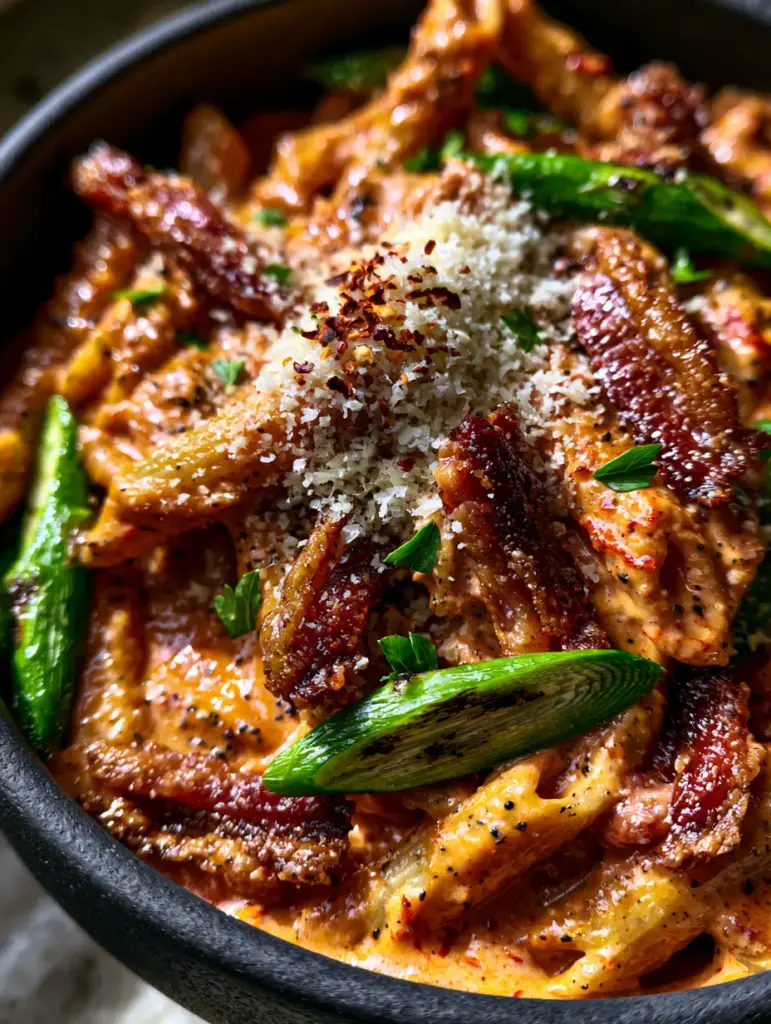 Bacon Asparagus Cajun Pasta with a Vibrant Orange Cream Sauce 1 Rustic black bowl with creamy cajun pasta topped with parmesan snowfall and red pepper flakes.
