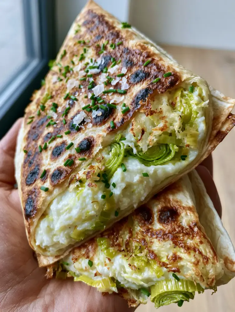 Leek and Potato Wraps with Velvet-Smooth Mash and Crispy Leopard-Spotted Tortillas 1 A crispy toasted flour tortilla with dark charred leopard spots and grains of sea salt. (leek and potato wraps)