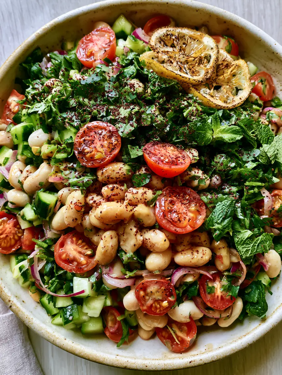 White Bean Salad with Creamy Lemon-Tahini Dressing and Charred Lemons 3 Close-up of a white bean salad with plump cannellini beans, diced cucumbers, and quartered cherry tomatoes in a glossy dressing.