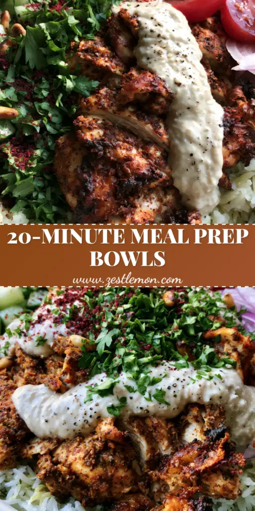 Chicken Shawarma Bowl with Garlic Tahini and Lemon Herb Rice 4 A vibrant Mediterranean chicken shawarma bowl with charred chicken thighs, lemon rice, and garlic tahini drizzle. (chicken shawarma bowl)