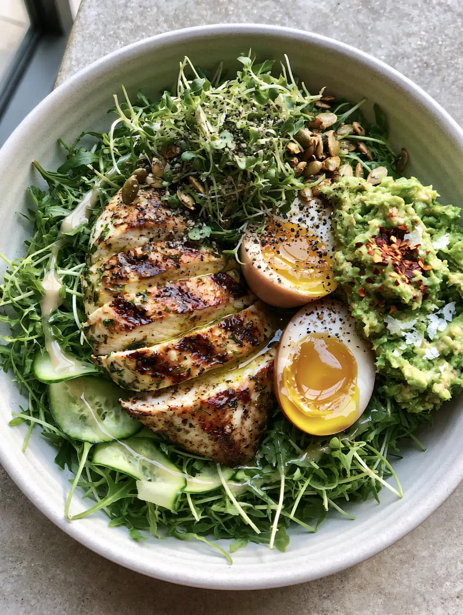 Light Dinner Ideas: The Ultimate Mediterranean Lemon-Herb Chicken Power Bowl 4 Close-up of seared lemon-herb chicken with grill marks in a white bowl. (Light dinner ideas)
