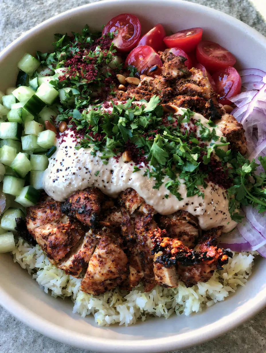 Chicken Shawarma Bowl with Garlic Tahini and Lemon Herb Rice 3 Overhead view of a chicken shawarma bowl in a matte white ceramic dish showing charred chicken and fresh vegetables. (chicken shawarma bowl)