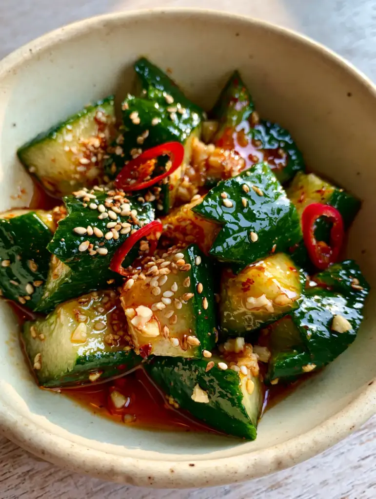 Cucumber Salad Recipe: Spicy Smashed Persian Cucumbers with Chili Oil 1 Smashed cucumbers in a soy-based dressing with fresh red bird's eye chilies and minced garlic. (Cucumber Salad Recipe)