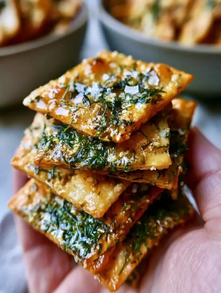 Dill pickle saltines: The Ultimate Crispy Herb-Infused Snack Recipe 2 Macro shot of Dill pickle saltines showing the vibrant green dill and sparkling coarse sea salt crystals.