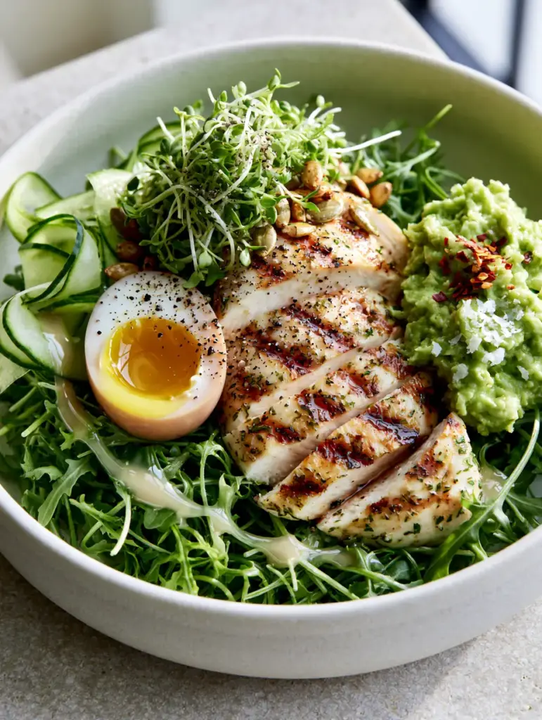 Light Dinner Ideas: The Ultimate Mediterranean Lemon-Herb Chicken Power Bowl 1 Halved soft-boiled jammy egg showing liquid gold yolk next to cucumber ribbons.