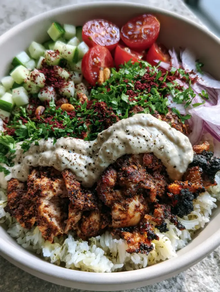 Chicken Shawarma Bowl with Garlic Tahini and Lemon Herb Rice 1 Close up of thick garlic tahini sauce drizzled over crispy caramelized chicken shawarma bits.