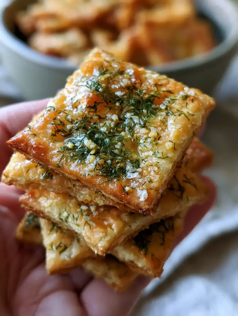 Dill pickle saltines: The Ultimate Crispy Herb-Infused Snack Recipe 1 Close-up of a hand holding a stack of glistening Dill pickle saltines with a modern bowl in the background.