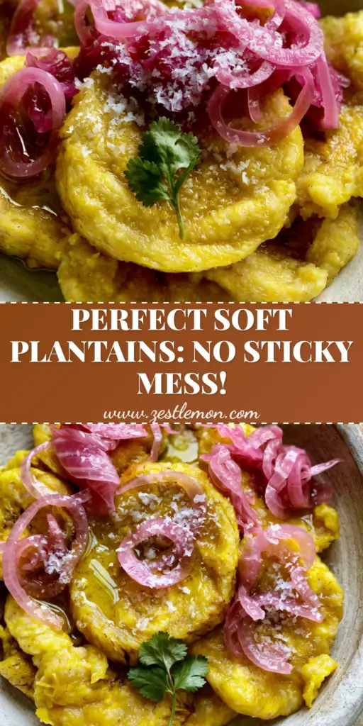 A close-up of Boiled Green Plantains rounds in a ceramic bowl with pink pickled onions and flaky salt.