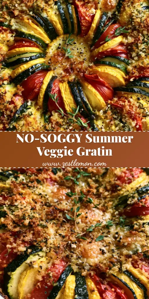 An overhead view of a Summer vegetable gratin in a white dish showing a tight spiral of zucchini and squash with a golden herb crust.
