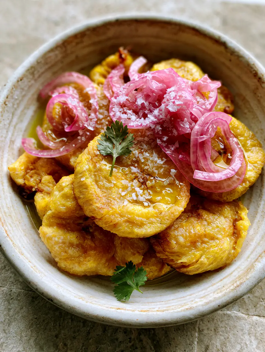 Top-down view of tender pale yellow Boiled Green Plantains topped with translucent onion rings and olive oil.