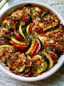 Close up of caramelized vegetable edges and toasted breadcrumb texture in a Summer vegetable gratin.