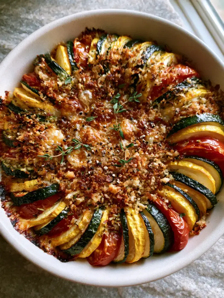 A matte white ceramic baking dish filled with a concentric spiral of Summer vegetable gratin under natural light.