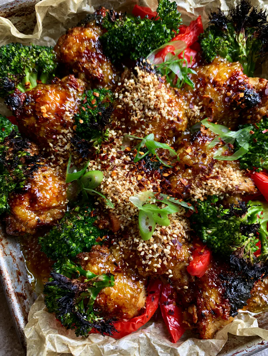 Quick Recipes: The Ultimate Honey Garlic Sheet Pan Chicken with Blistered Skin 3 Macro view of seared chicken thighs with a bubbling amber glaze and sesame seeds. (Quick Recipes)