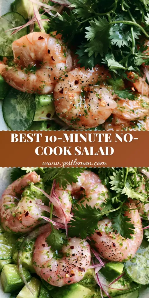 Shrimp Avocado Salad with Zesty Cilantro Lime Glaze 4 A top-down view of a vibrant shrimp avocado salad in a white bowl on a marble surface, featuring pink shrimp and green avocado. (shrimp avocado salad)