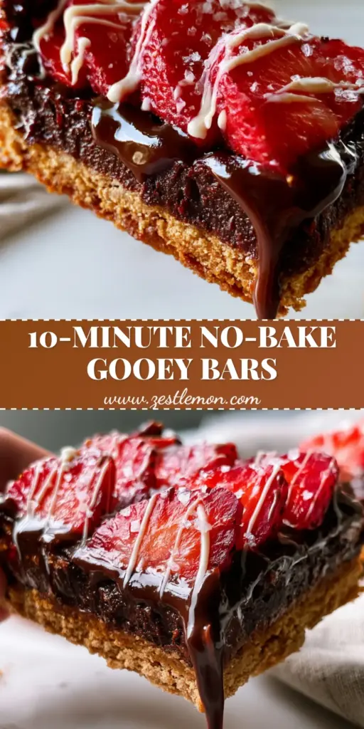 Easy Dessert Recipes: Decadent No-Bake Dark Chocolate Strawberry Ganache Bars 4 A close-up vertical shot of a hand lifting a no-bake chocolate strawberry bar with a gooey ganache pull (easy dessert recipes).