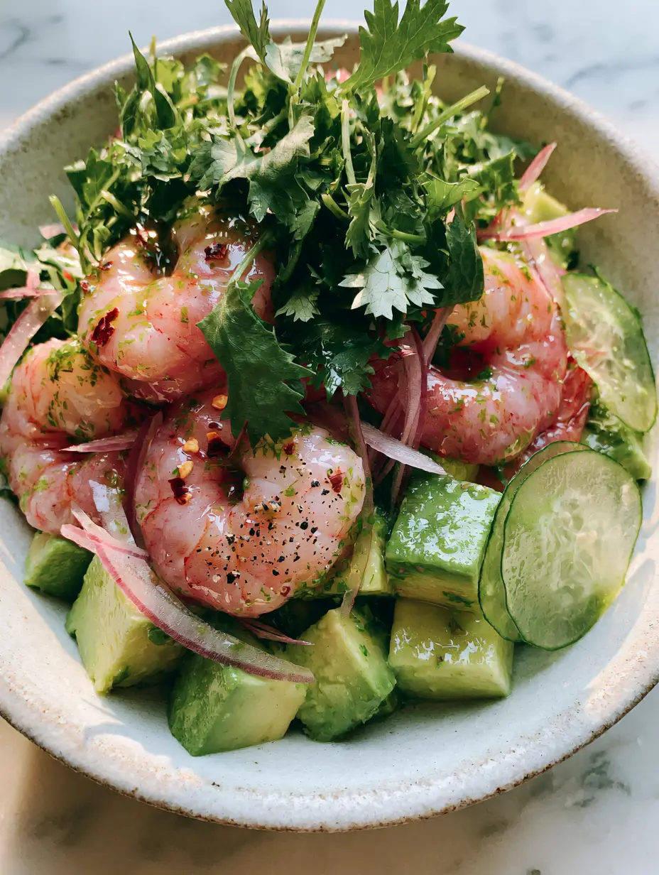 Shrimp Avocado Salad with Zesty Cilantro Lime Glaze 3 Overhead shot of chilled poached jumbo shrimp layered with avocado cubes and translucent cucumber in a rustic bowl. (shrimp avocado salad)
