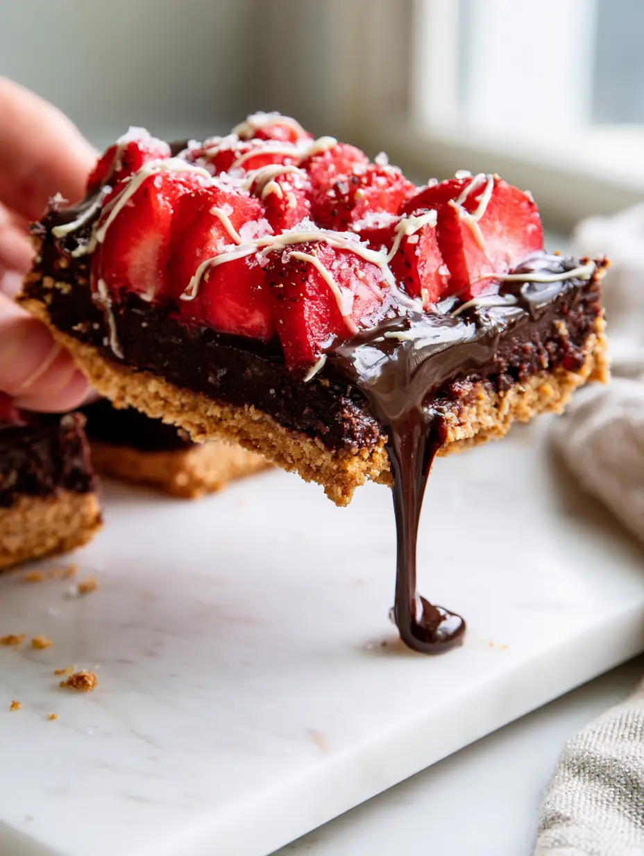 Easy Dessert Recipes: Decadent No-Bake Dark Chocolate Strawberry Ganache Bars 3 High-angle photo of dark chocolate ganache bars topped with fresh strawberries and white chocolate drizzle (easy dessert recipes).