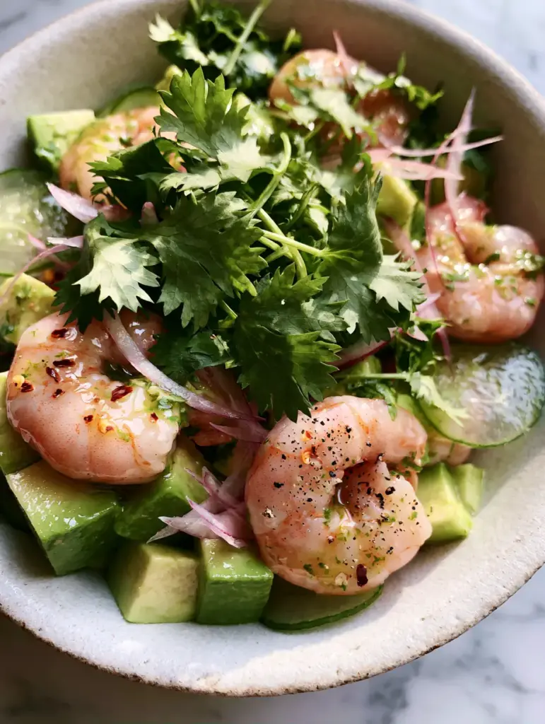 Shrimp Avocado Salad with Zesty Cilantro Lime Glaze 1 Close up of jagged cilantro leaves and red pepper flakes on a fresh shrimp avocado salad.