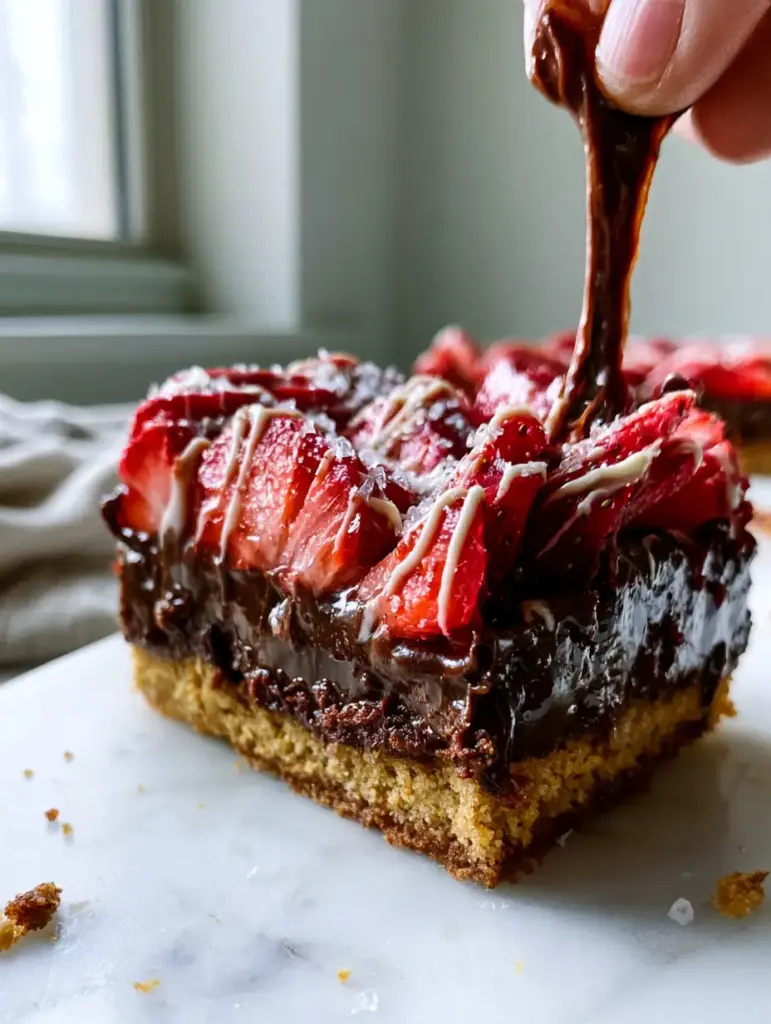 Easy Dessert Recipes: Decadent No-Bake Dark Chocolate Strawberry Ganache Bars 1 Detailed view of the layered graham cracker crust and thick chocolate ganache with flaky sea salt (easy dessert recipes).