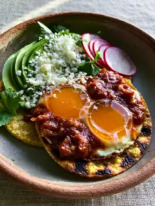 Close up of fried eggs with runny orange yolks on charred corn tortillas for huevos rancheros. (huevos rancheros)
