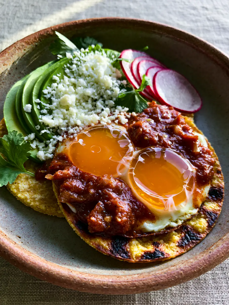 Huevos Rancheros with Charred Corn Tortillas and Chunky Ranchero Sauce 4 Close up of fried eggs with runny orange yolks on charred corn tortillas for huevos rancheros. (huevos rancheros)