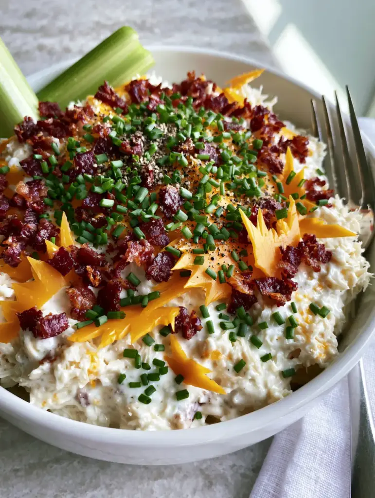 Sassy Scotty Chicken Salad: The Ultimate Creamy Bacon and Cheddar Recipe 1 Top view of Sassy Scotty chicken salad with coarse ground black pepper and emerald chives garnish.
