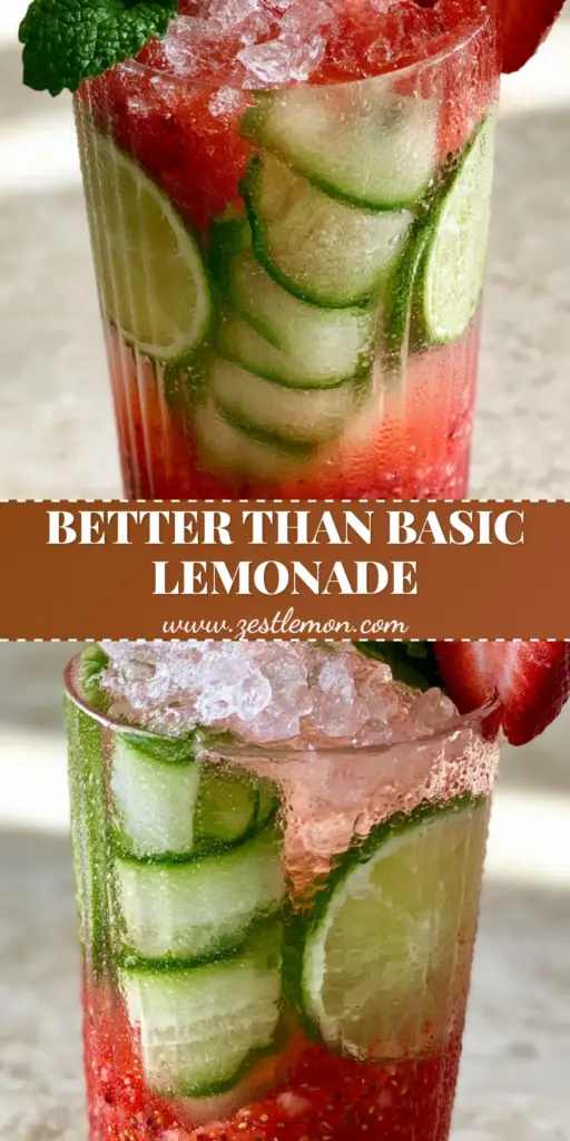 Strawberry Cucumber Limeade: The Ultimate Sparkling Summer Refreshment 4 A tall, condensation-covered glass of strawberry cucumber limeade with muddled berries, cucumber ribbons, and crushed ice.