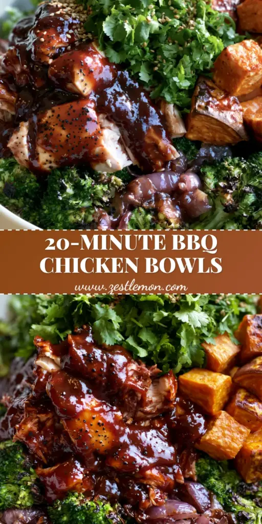 BBQ Chicken Sweet Potato Bowl with Charred Broccoli and Mahogany Glaze 4 A minimalist white ceramic bowl filled with mahogany BBQ shredded chicken, charred broccoli, and caramelized sweet potato cubes, garnished with cilantro and sesame seeds. (BBQ chicken sweet potato bowl)