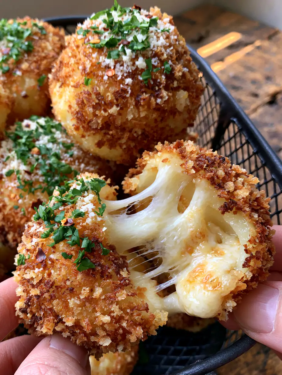 Potato Balls Recipe: The Ultimate Crispy Air-Fried Mozzarella Bites 3 Macro shot of golden-brown potato balls with a craggy panko crust, garnished with fresh parsley and parmesan in an air fryer basket. (potato balls recipe)