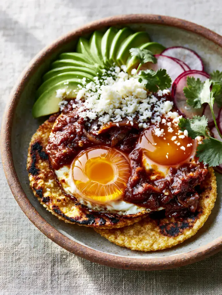Huevos Rancheros with Charred Corn Tortillas and Chunky Ranchero Sauce 1 Detailed view of chunky ranchero sauce and fanned avocado topping huevos rancheros.