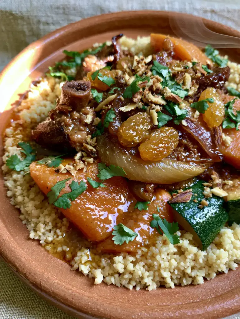 Traditional Moroccan Couscous with Braised Lamb and Sweet Tfaya 2 Close-up of individually visible light and airy Moroccan couscous grains topped with glistening amber broth and cilantro.