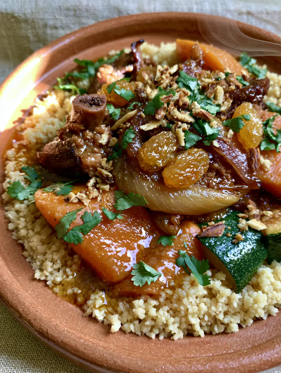 Traditional Moroccan Couscous with Braised Lamb and Sweet Tfaya 3 Close-up of individually visible light and airy Moroccan couscous grains topped with glistening amber broth and cilantro.