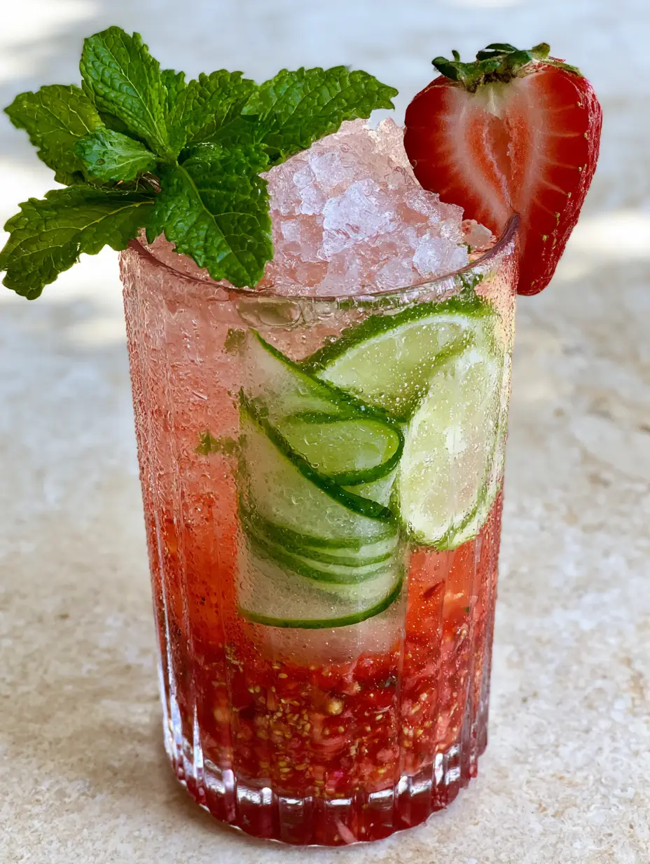 Strawberry Cucumber Limeade: The Ultimate Sparkling Summer Refreshment 3 Close up of strawberry cucumber limeade showing the thick layer of muddled strawberry pulp and sparkling water bubbles.