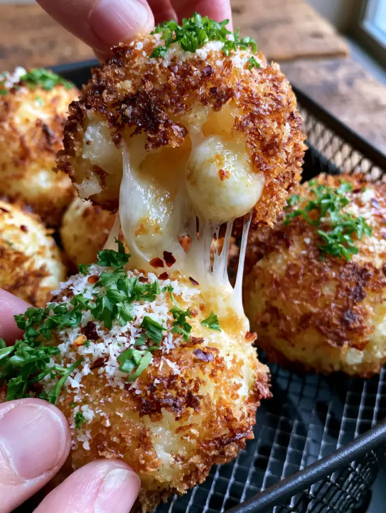 Potato Balls Recipe: The Ultimate Crispy Air-Fried Mozzarella Bites 1 Extreme close-up of air-fried potato balls showing visible red chili flakes and bright green parsley garnish.