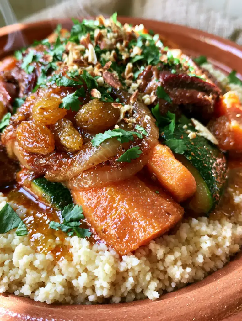 Traditional Moroccan Couscous with Braised Lamb and Sweet Tfaya 1 A high-angle shot of Moroccan couscous featuring stewed orange carrots, green zucchini, and tender braised lamb in a terracotta bowl.