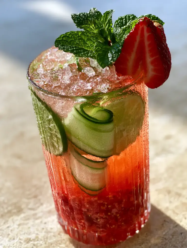 Strawberry Cucumber Limeade: The Ultimate Sparkling Summer Refreshment 1 Handheld photo of strawberry cucumber limeade featuring translucent cucumber ribbons and fresh mint garnish.