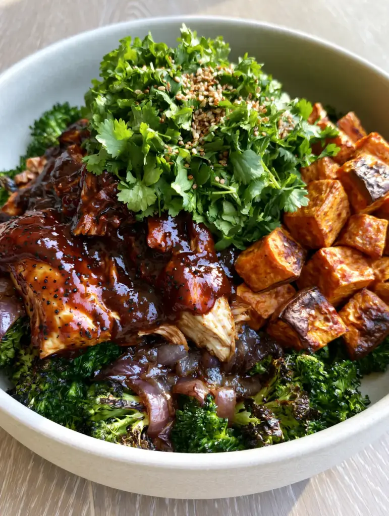 BBQ Chicken Sweet Potato Bowl with Charred Broccoli and Mahogany Glaze 1 Overhead view of a BBQ chicken sweet potato bowl showing charred broccoli florets and translucent red onions.