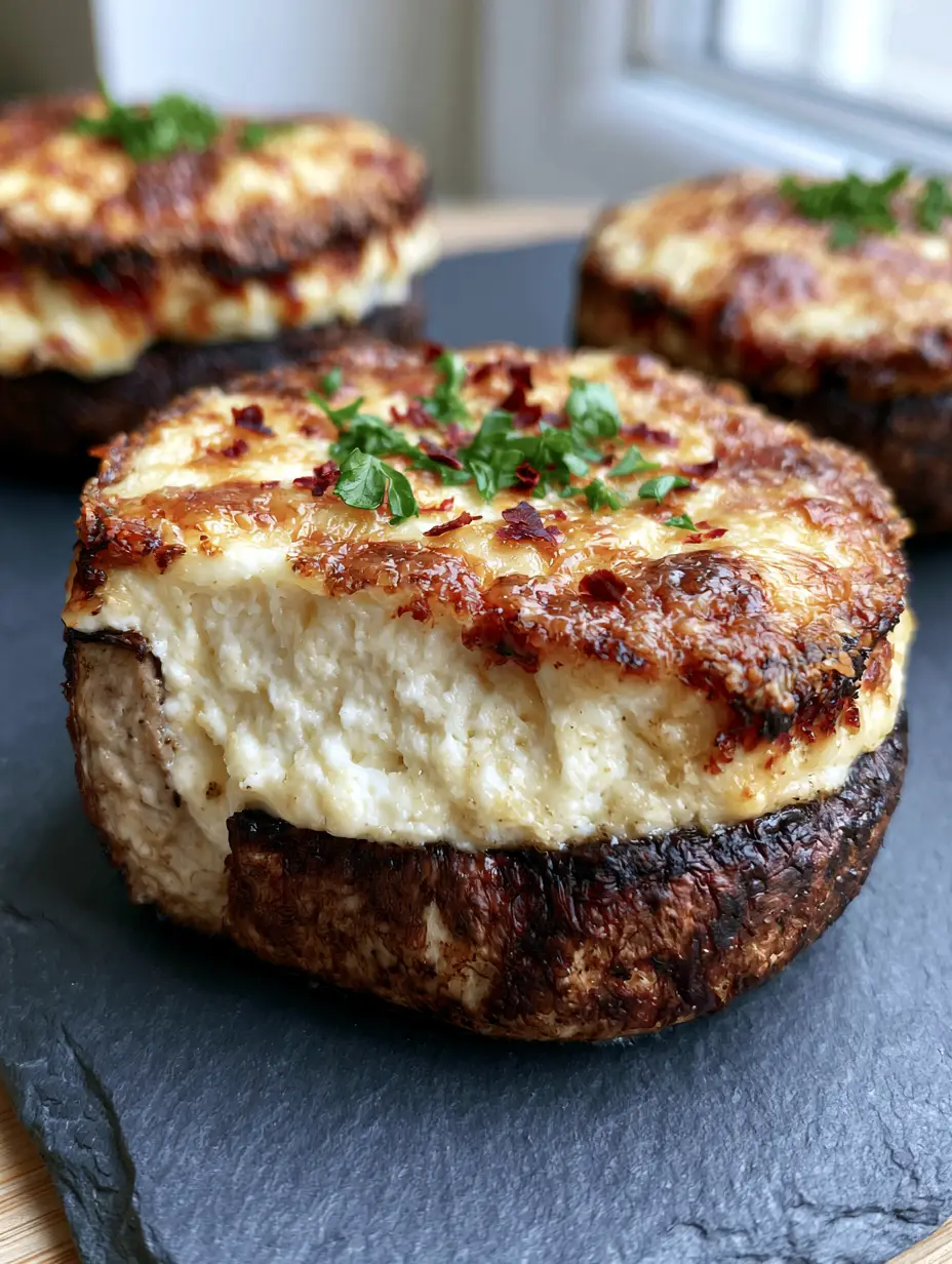 Extreme macro close-up of a roasted cremini mushroom cap stuffed with velvety white cream cheese and a bubbly parmesan crust. (stuffed mushrooms recipe)