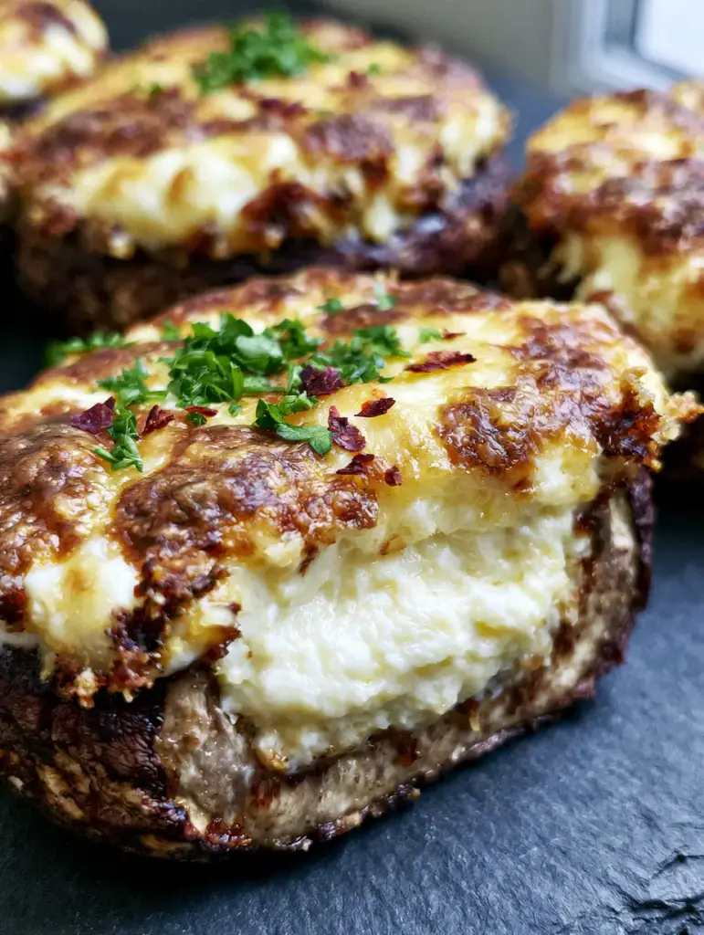 One roasted stuffed mushroom sliced in half revealing a meaty brown wall and a solid white filling. (stuffed mushrooms recipe)