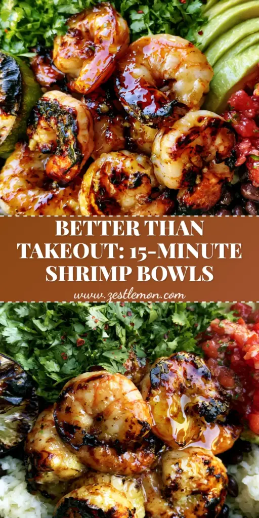 Cilantro Lime Shrimp Bowls with Garlic Butter and Charred Lime 4 A vertical photo of Cilantro Lime Shrimp Bowls with garlic butter shrimp, avocado, and black beans in a ceramic bowl.