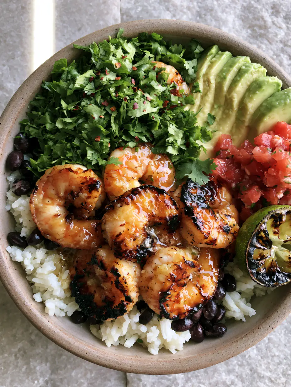 Cilantro Lime Shrimp Bowls with Garlic Butter and Charred Lime 3 Top view of a Cilantro Lime Shrimp Bowl showing charred shrimp, pico de gallo, and fresh cilantro on a stone background.