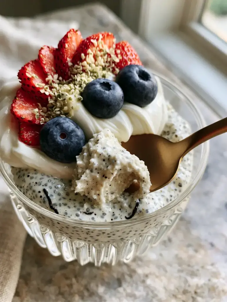 Chia Pudding: How to Make the Thickest, Mousse-Like Vanilla Bean Version 1 A matte gold spoon lifting a thick scoop of chia pudding topped with hemp hearts.