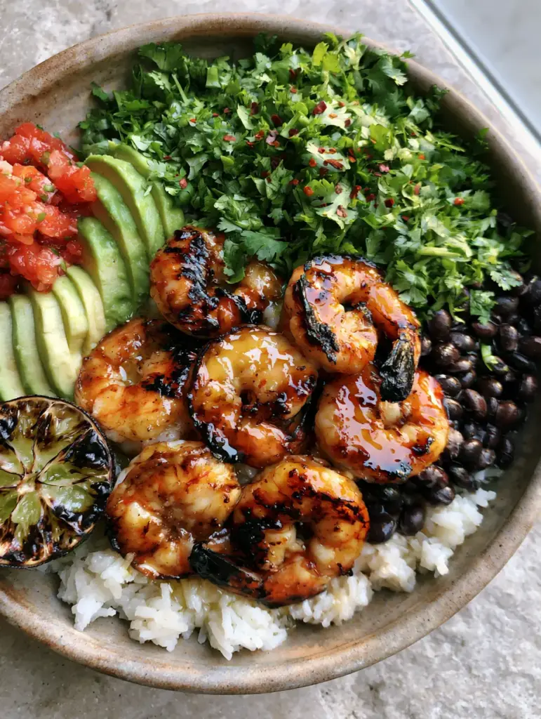 Cilantro Lime Shrimp Bowls with Garlic Butter and Charred Lime 1 Close-up of garlic butter seared shrimp with charred edges and lime zest in a bowl.