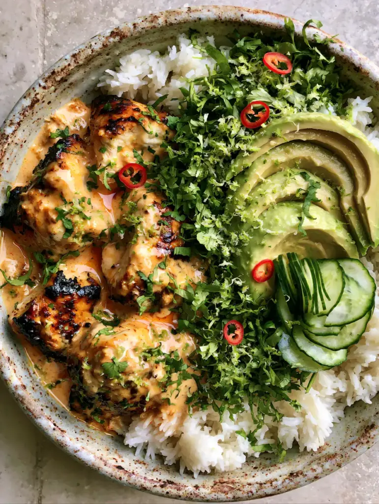 Coconut Chicken Rice Bowl: The Ultimate Creamy Lime Thai-Inspired Dinner 2 High-angle smartphone photo of a Coconut Chicken Rice Bowl with charred chicken, steaming jasmine rice, and bright red bird's eye chiles.