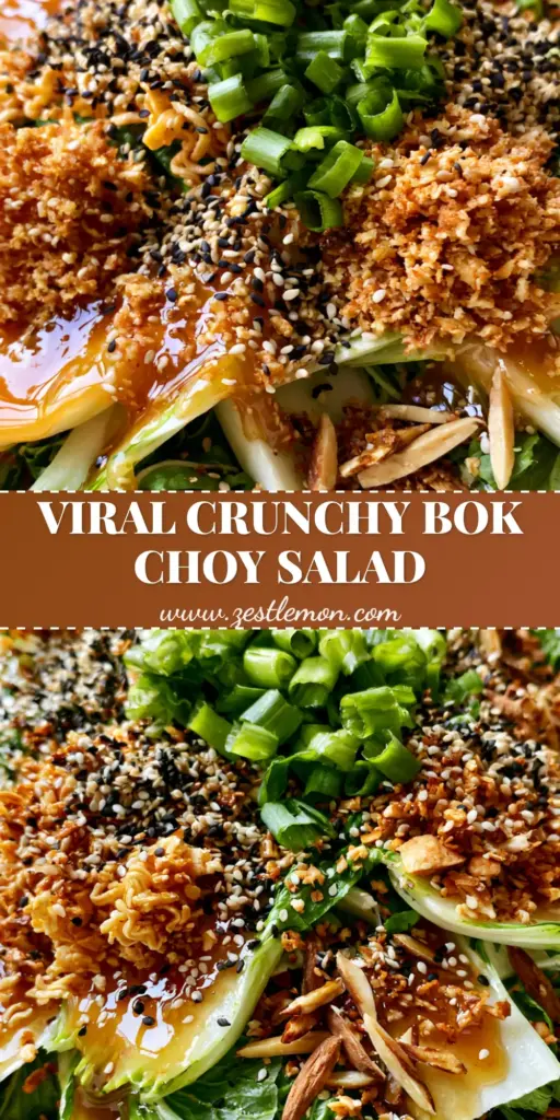 Bok Choy Salad with Toasted Ramen and Glossy Honey-Ginger Dressing 3 Top-down view of a vibrant bok choy salad in a white bowl with golden toasted ramen and glossy dressing.