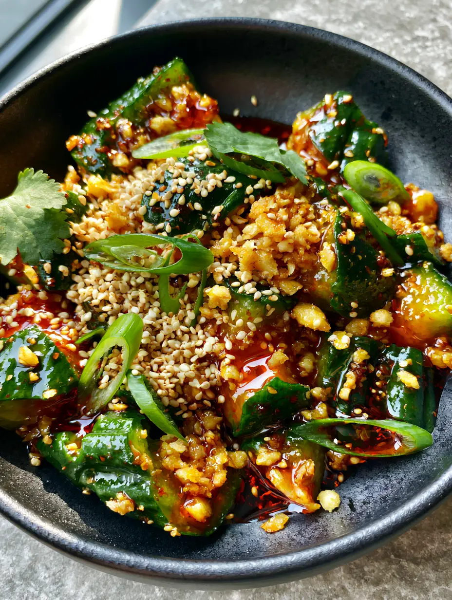 Asian Cucumber Salad with Crispy Garlic and Glossy Chili Oil 3 Macro close-up of smashed cucumbers with glossy red chili oil and fried garlic. (Asian Cucumber Salad)