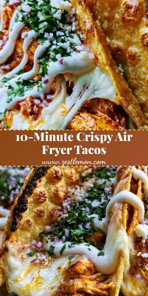 Air Fryer Tacos with Crispy Blistered Shells and Juicy Shredded Chicken 4 Three crispy air fryer tacos with blistered yellow corn shells, melted Monterey Jack cheese pull, lime crema, and fresh cilantro on a stoneware plate.