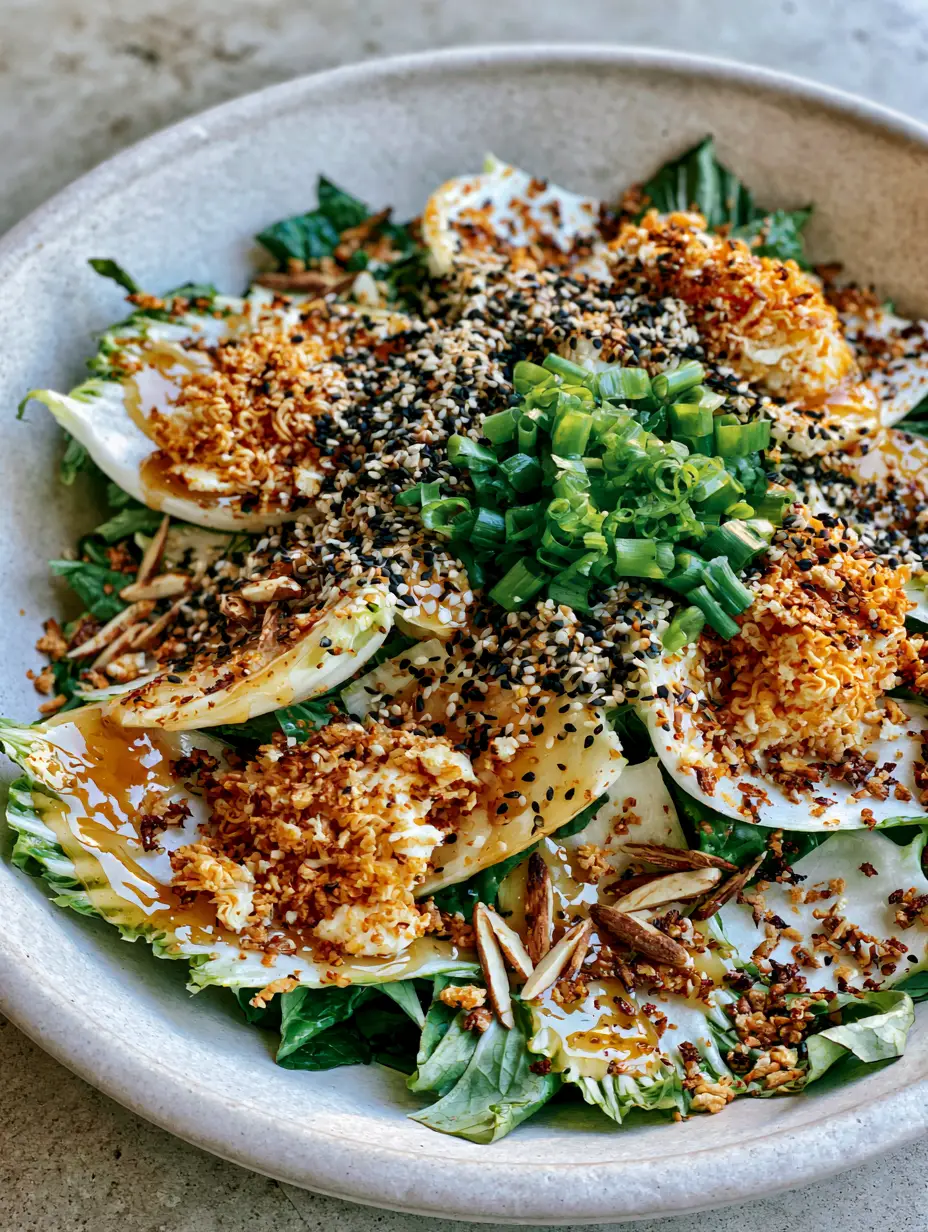 Bok Choy Salad with Toasted Ramen and Glossy Honey-Ginger Dressing 4 Close-up of raw bok choy salad showing the honey-amber dressing and toasted ramen clusters. (bok choy salad)